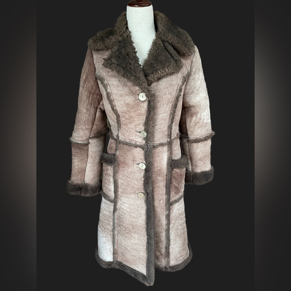 Vintage Penny Lane Shearling Trench Coat Fits Like XS Brown Fur Sherpa 1970s #‎